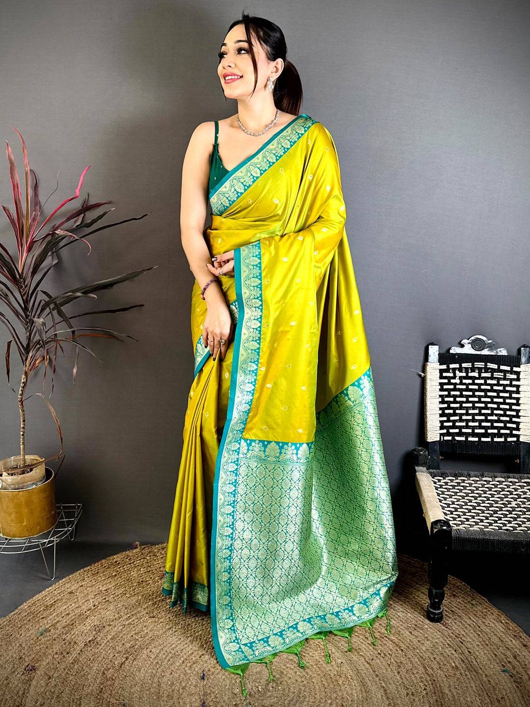 Lime Yellow Royal Gadwal Silk Saree