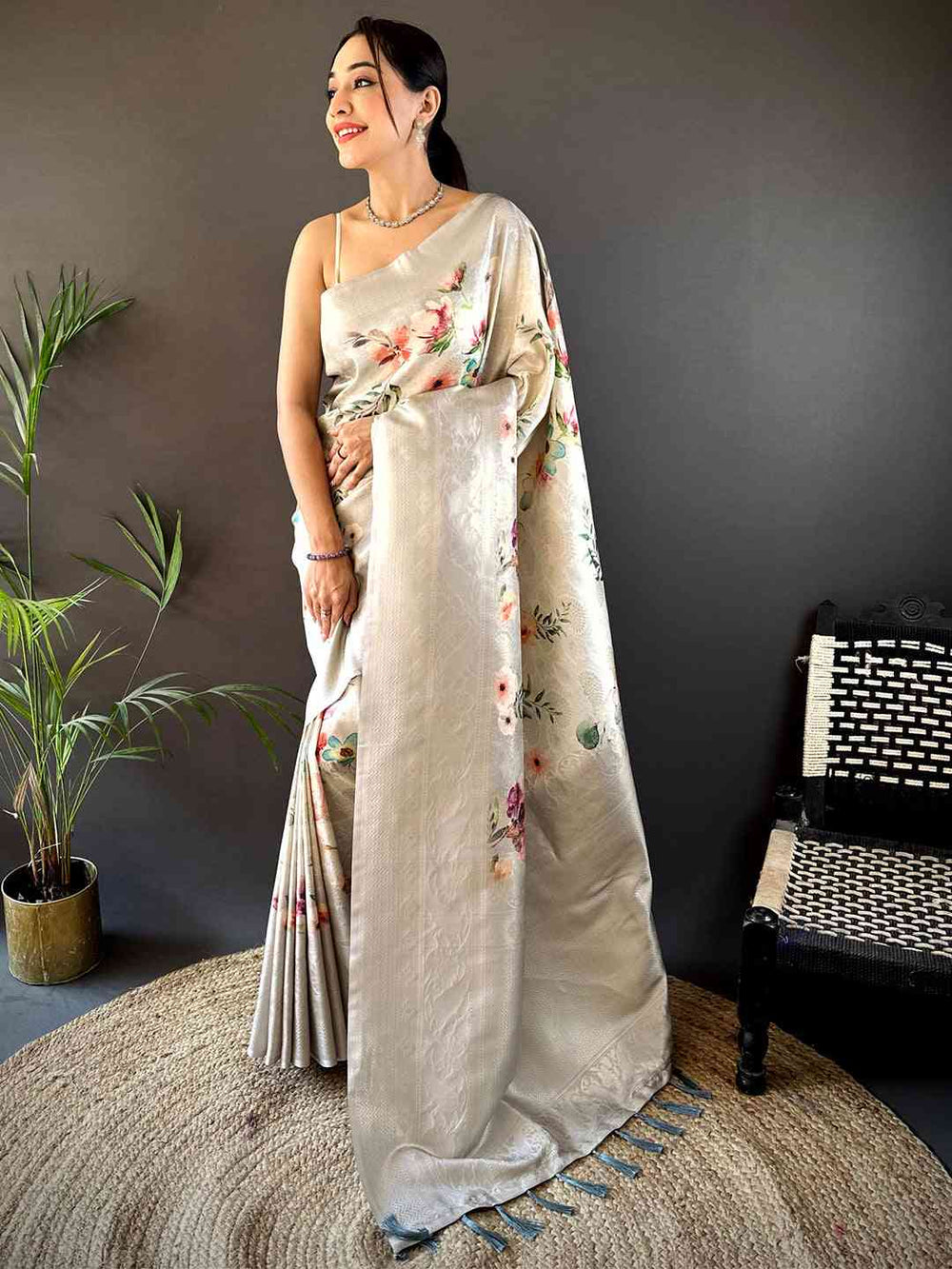 Light Beige Kanjivaram Digital Silk Saree