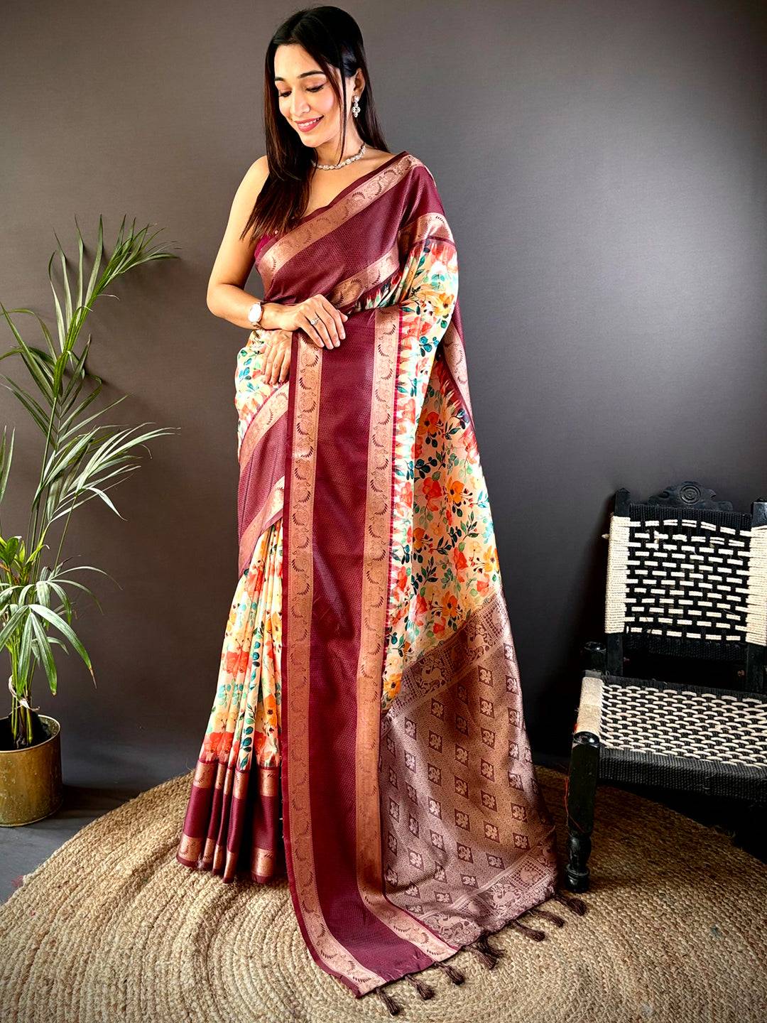Elegant maroon Banarasi saree with intricate Pattu Zari border