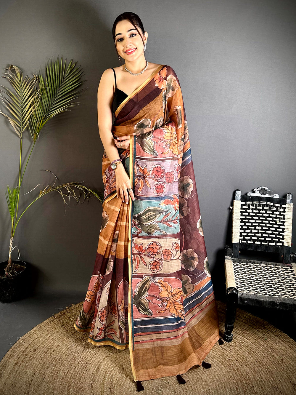 Regal Hand Block Floral Linen Saree


