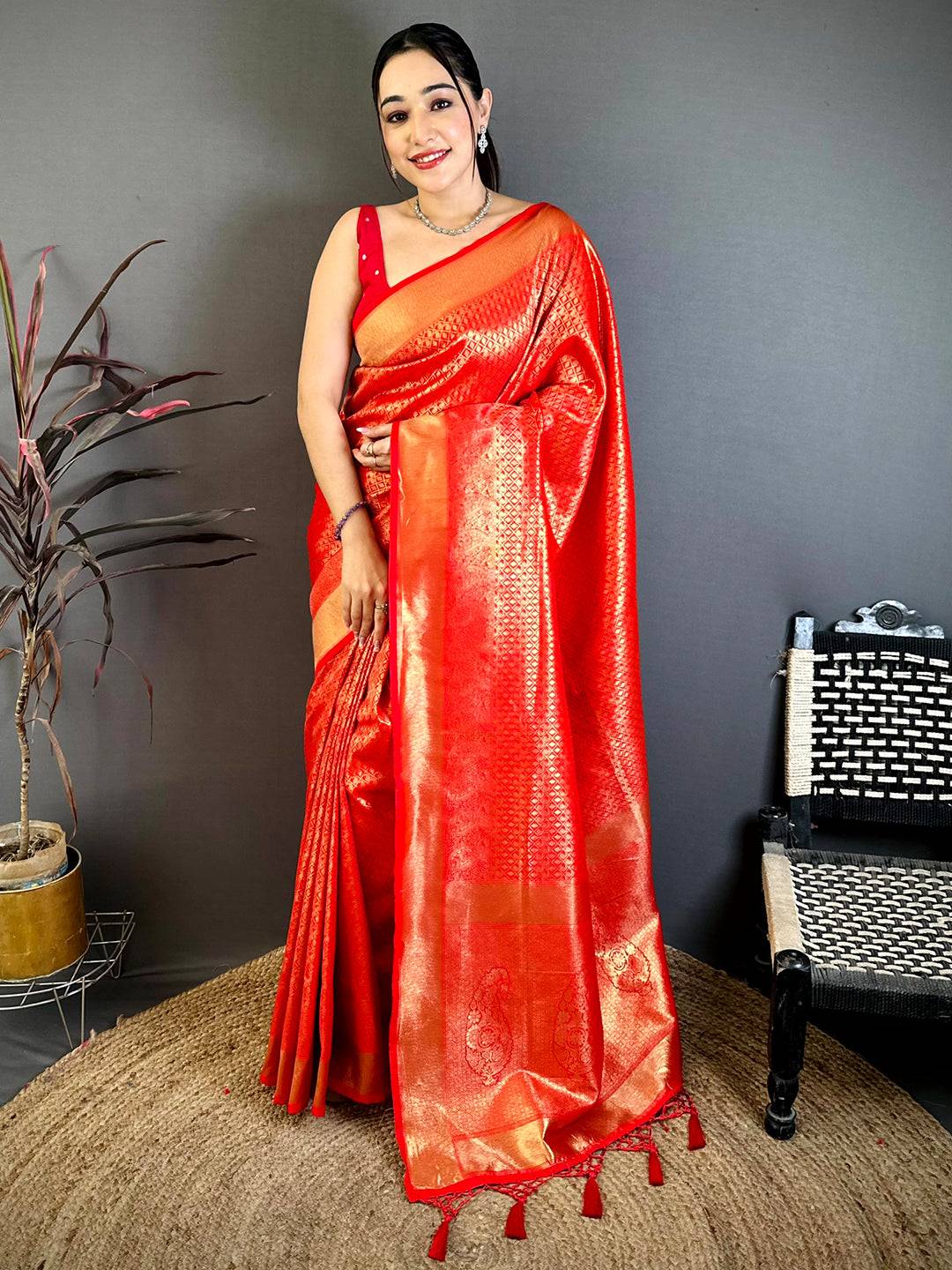 Radiant Red Kanjivaram Zari Silk Saree