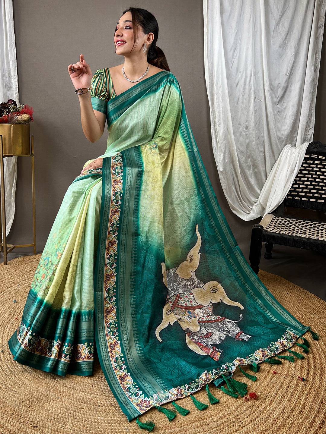 Stylish Emerald Green Kota Saree with decorative elephant motif