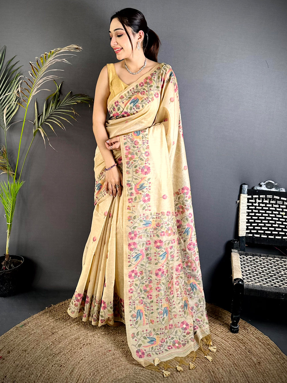 Royal Linen Slub Minakari Saree