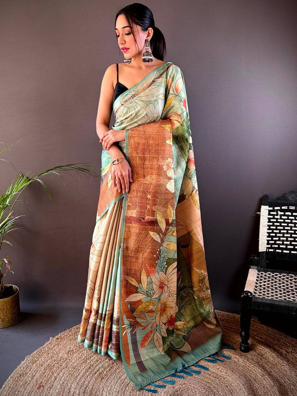 Elegant Rama Blue Zari Tussar Saree with floral design