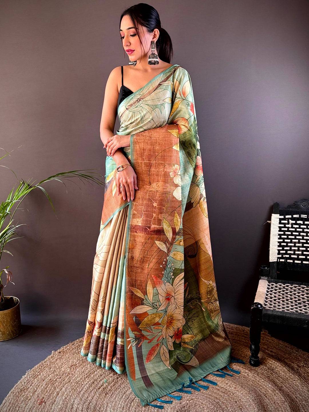 Elegant Rama Blue Zari Tussar Saree with floral design