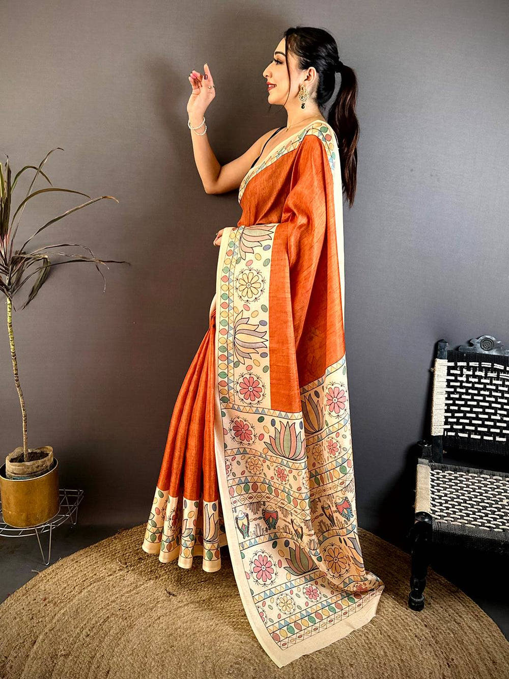 Royal Tussar Madhubani Print Border Saree