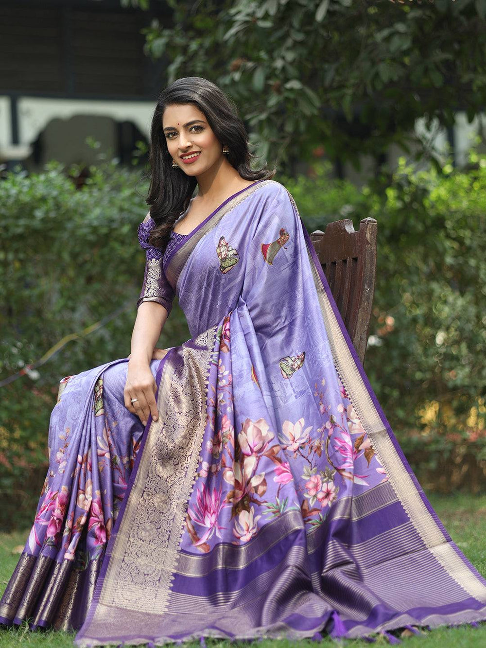 Lavender Pure Viscose Dola Silk Saree With Floral Print