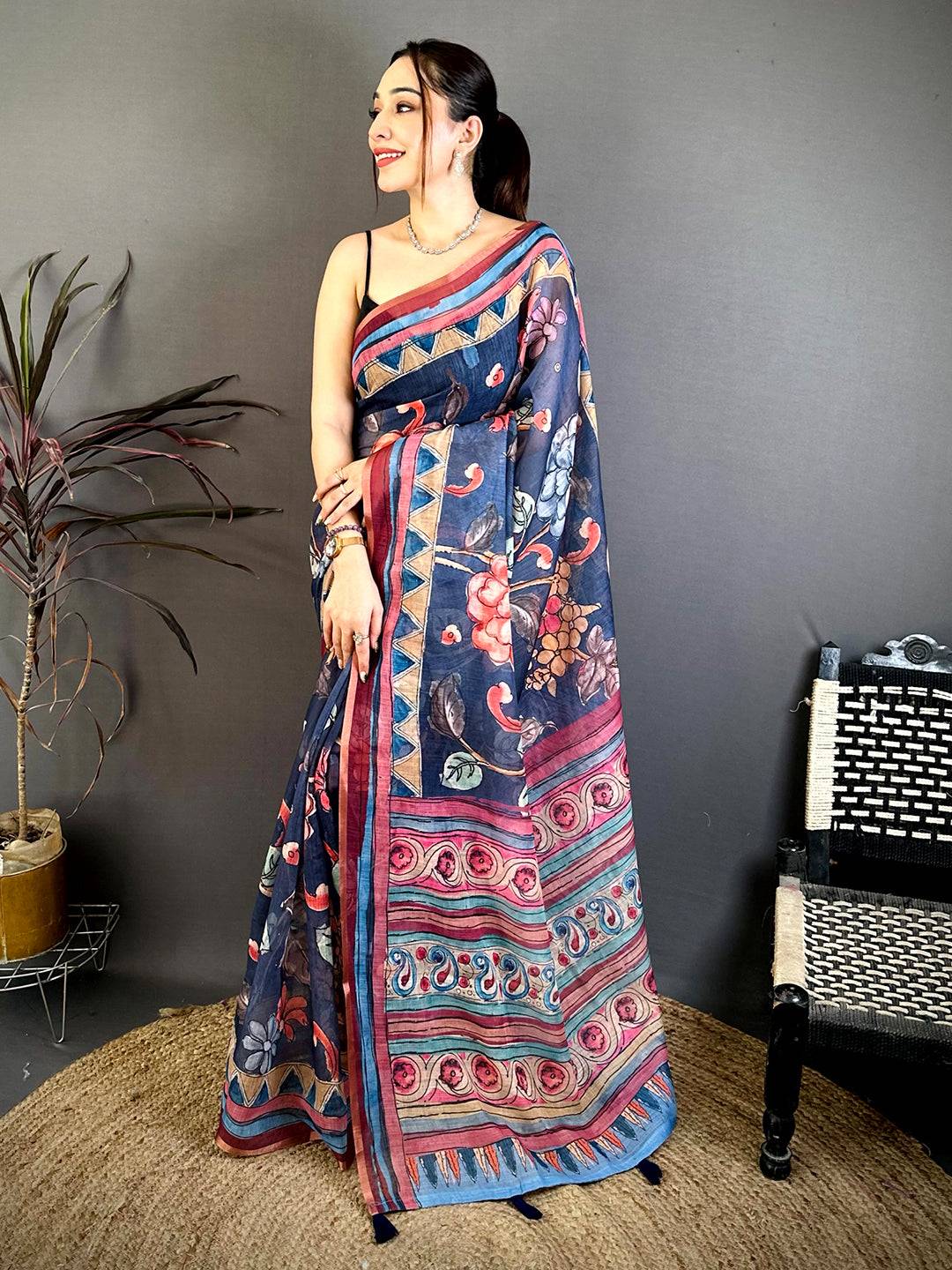 Navy Free Hand Floral Linen Saree