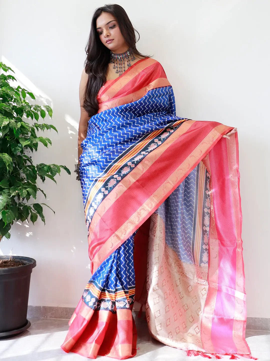 Soft Gadwal Border Pochampally Print Saree draped elegantly