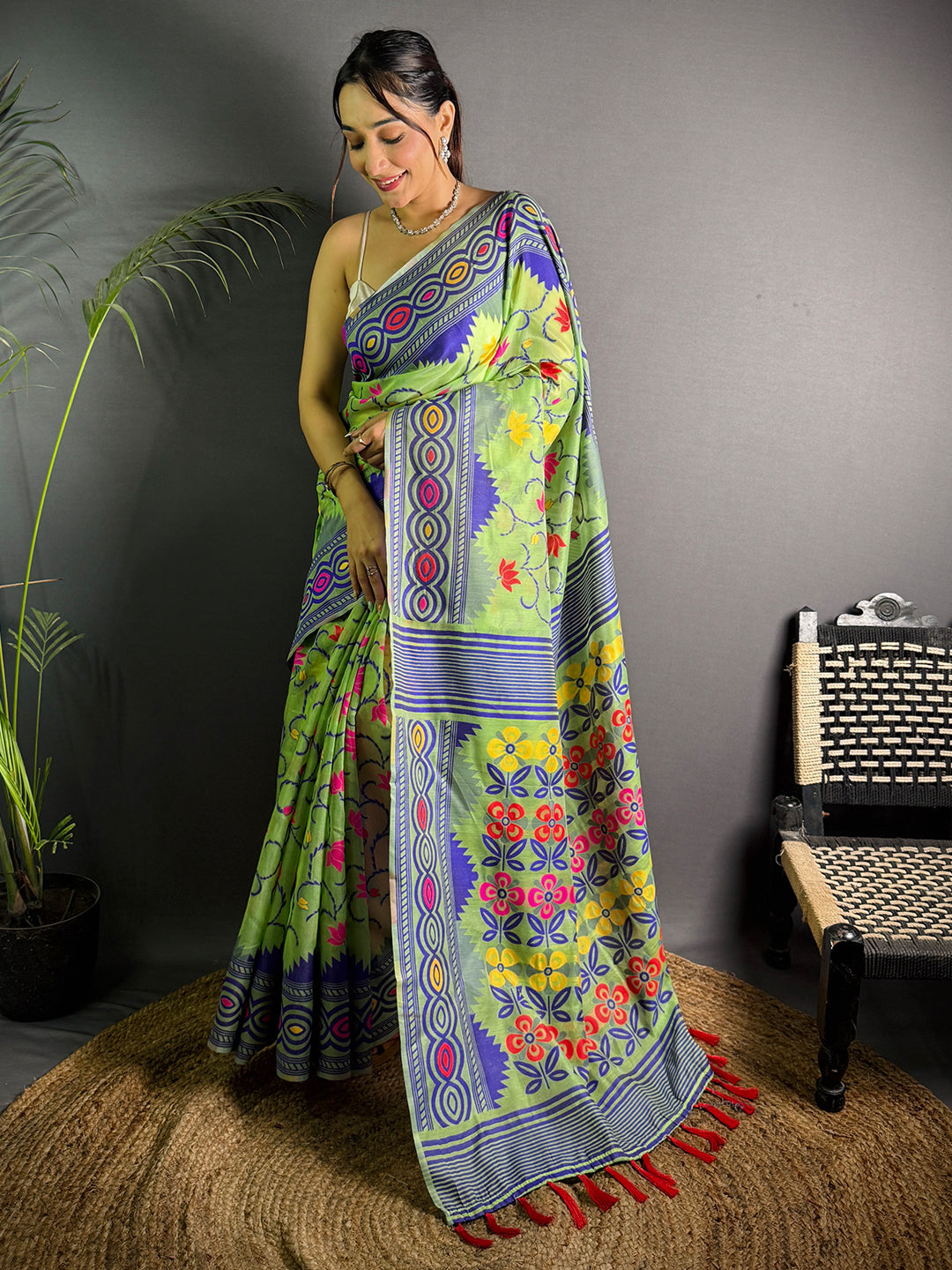 Light Green Dhakai Jamdani Soft Cotton Silk Saree