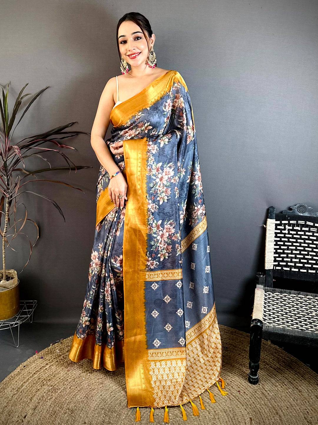 Artistic Floral Printed Soft Dola Saree