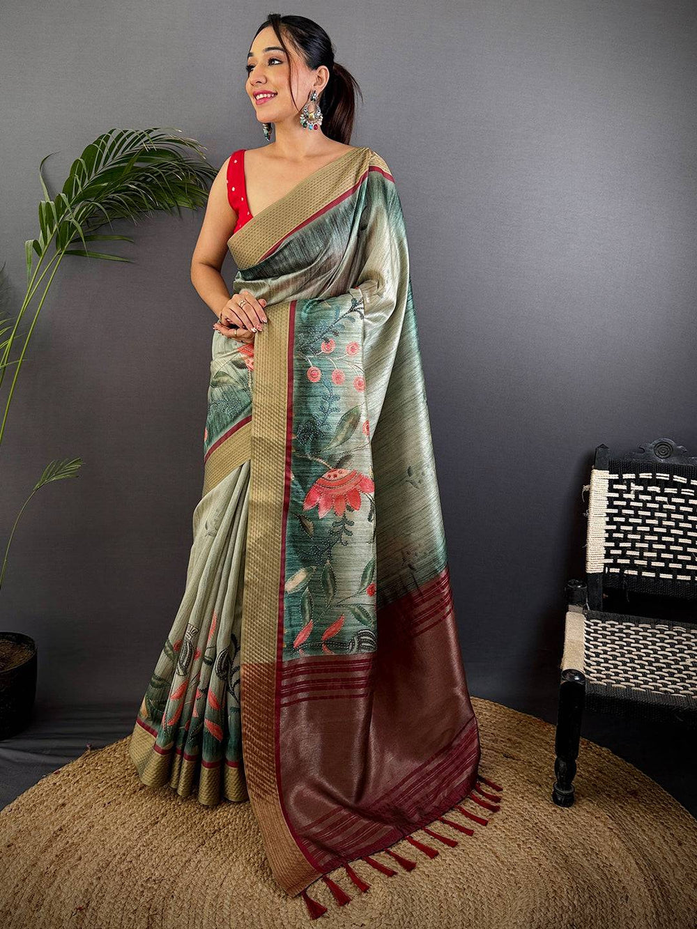 Rama Tussar Silk Digital Print Saree