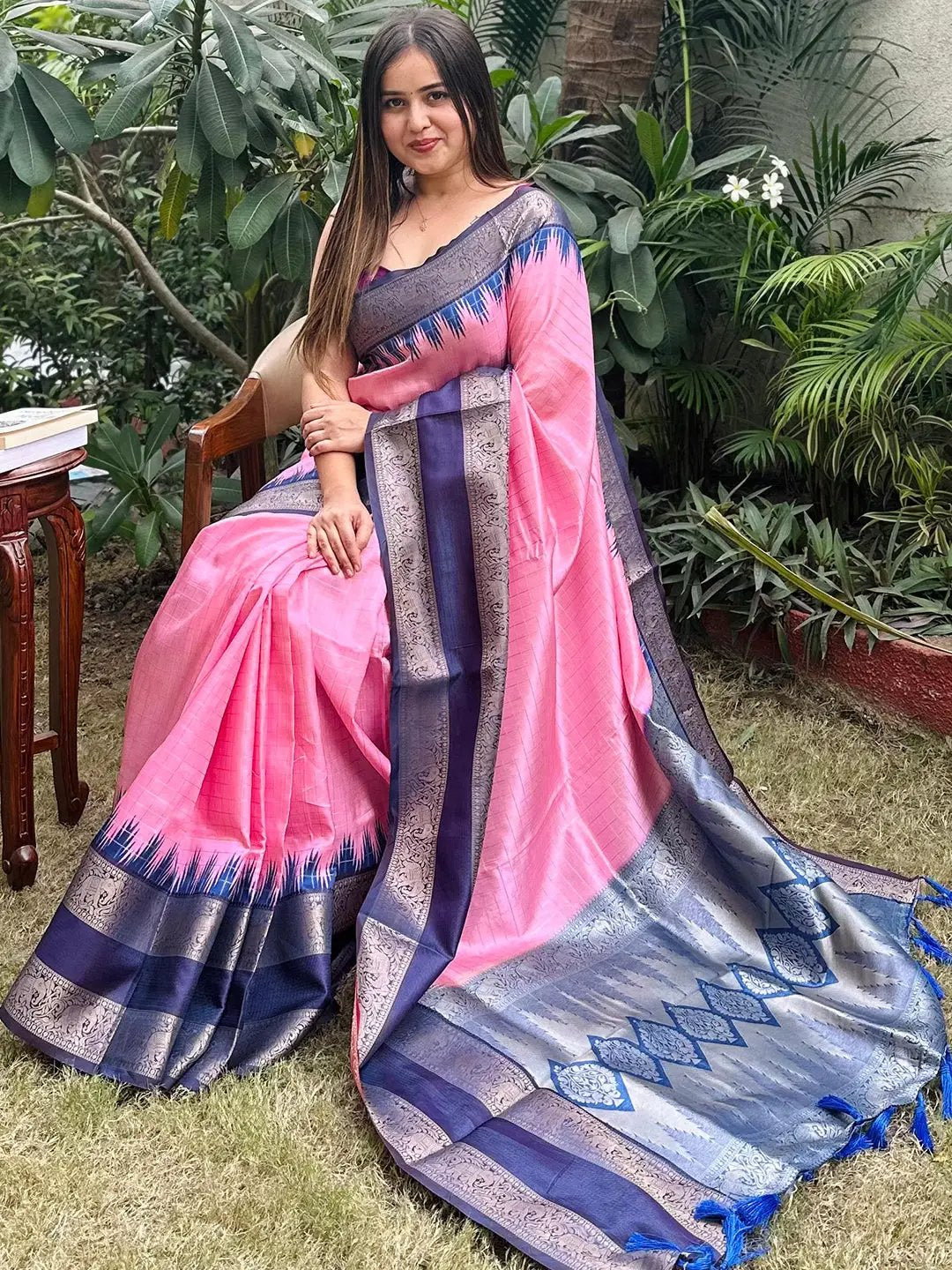 Elegant pink and blue silk saree with intricate zari work
