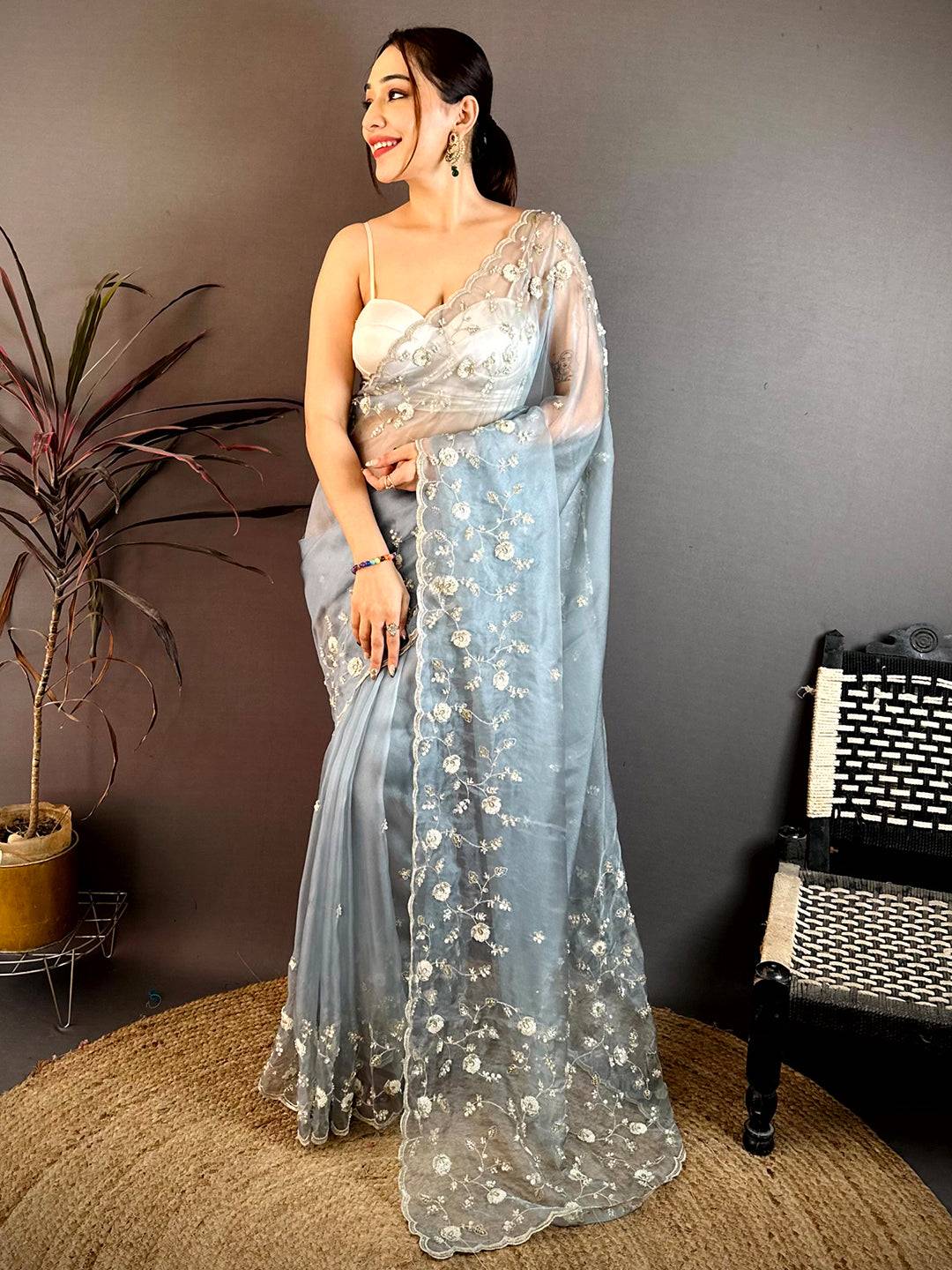 Grey Pearl Sequin Embroidered Organza Saree