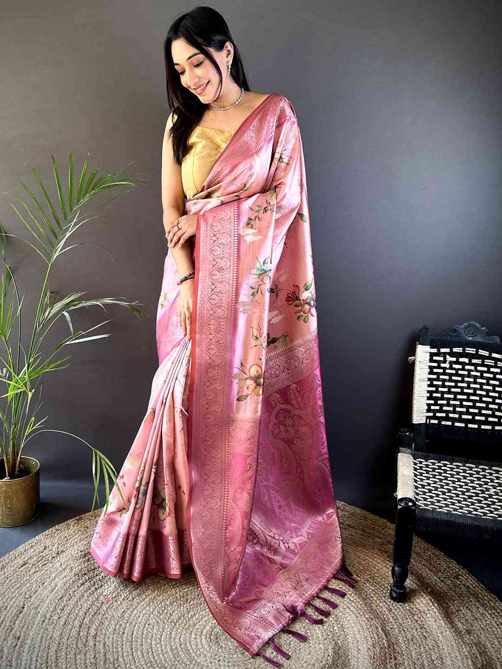 Pink Bamboo Silk Floral Saree