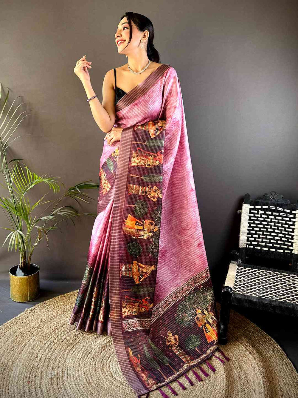 Light Pink Kalamkari Pichwai Black Check Saree