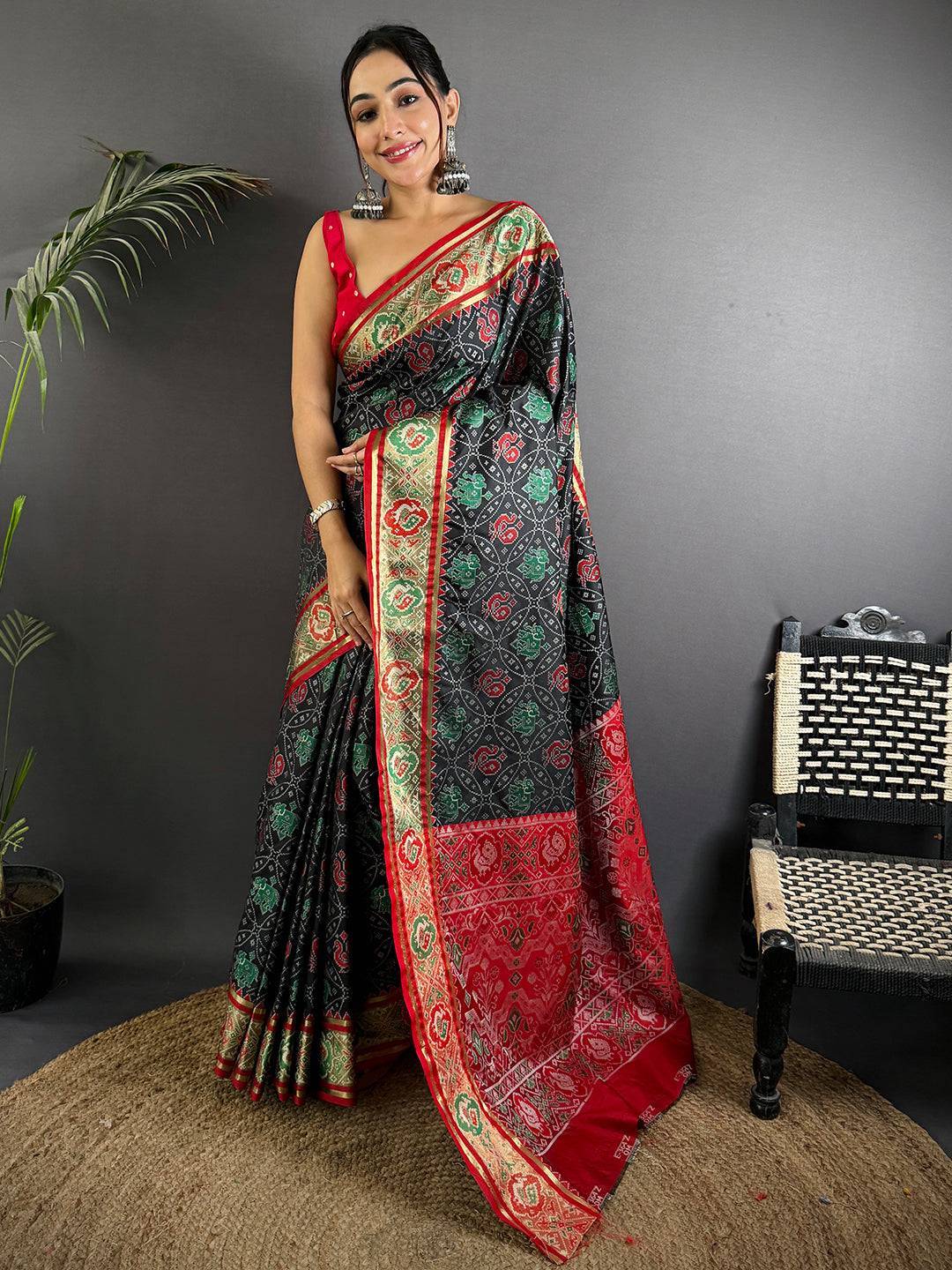 Elegant Black Pochampally Patola Silk Saree

