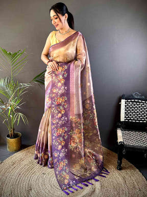 Wine Tissue Digital Floral Saree