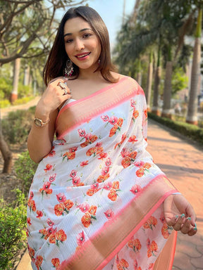 Model wearing Gajari Kota saree with floral pattern