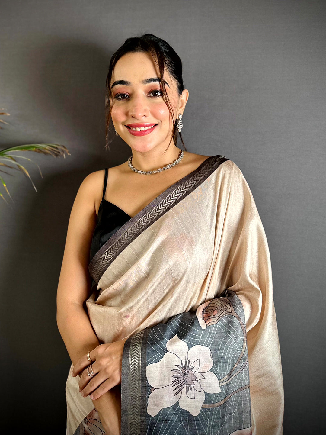 Ivory Tussar Ghicha Floral Fusion Saree