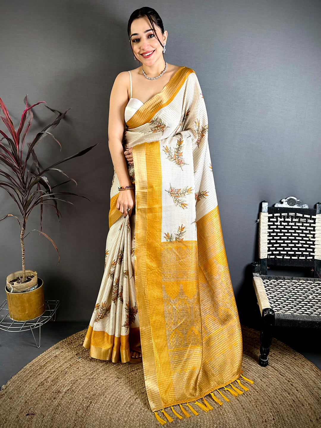 Yellow Leaf Minakari Tussar Saree