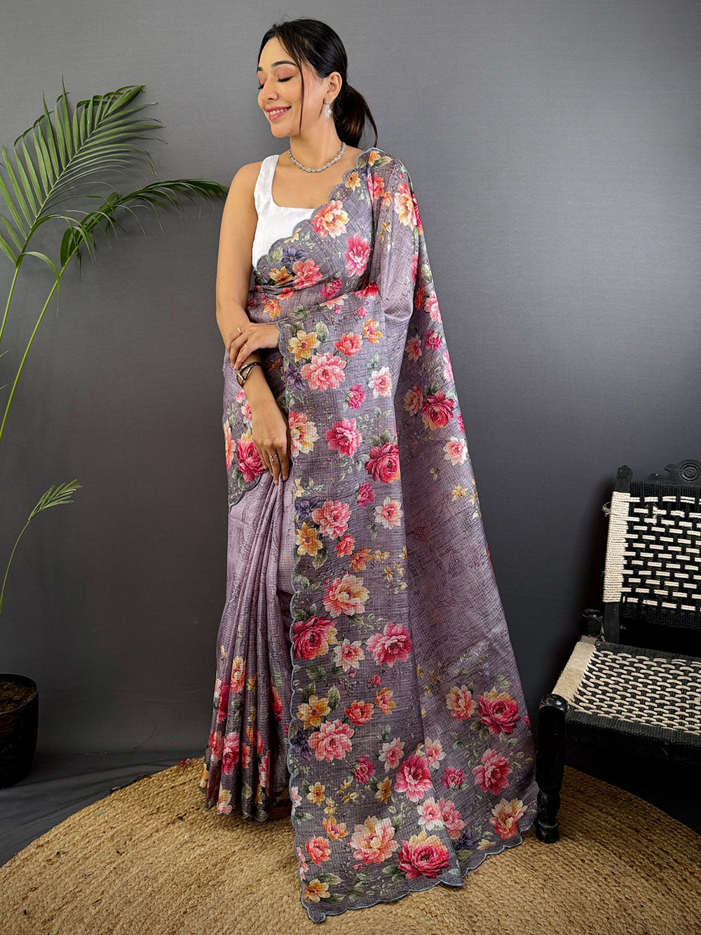 Dusty Lavender Floral Cut Work Kota Saree