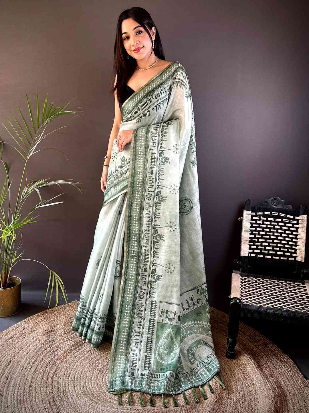 Sage Green Warli Art Tissue Chanderi Saree