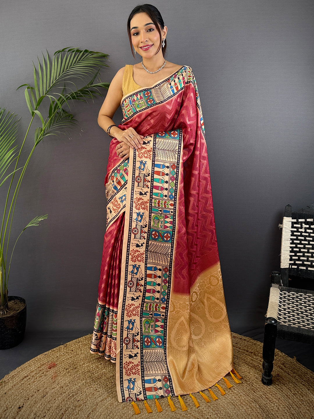 Blush Red Madhubani Print Soft Silk Saree