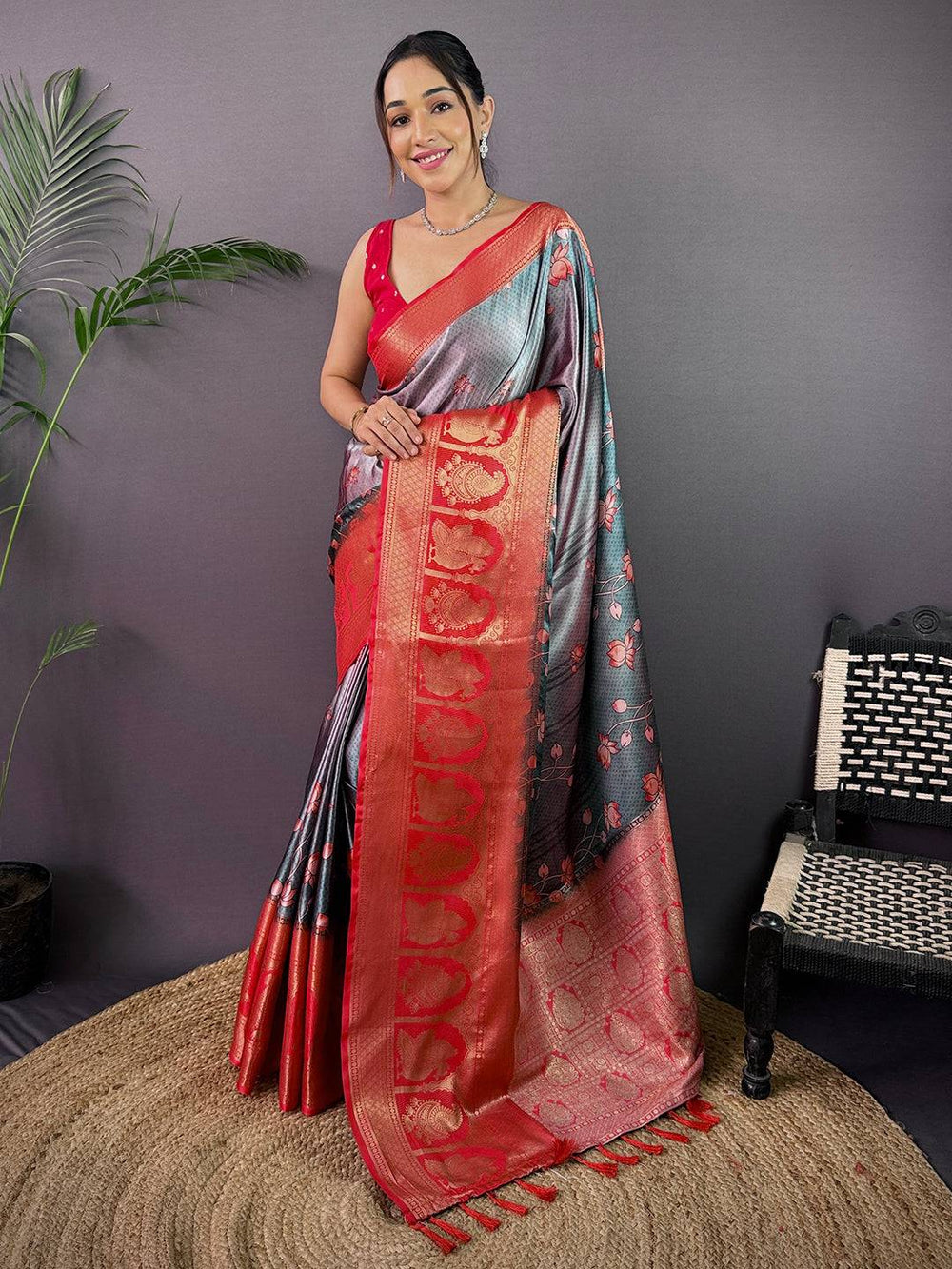 Artisan Soft Cherry Satin Kalamkari Print Saree