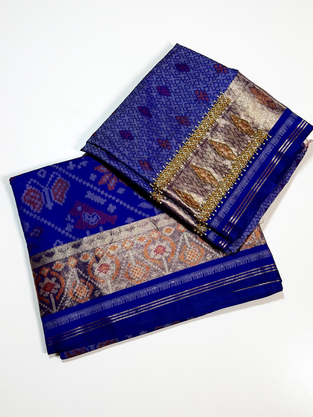 Blue Double Ikkat Heritage Saree With Maggam Blouse