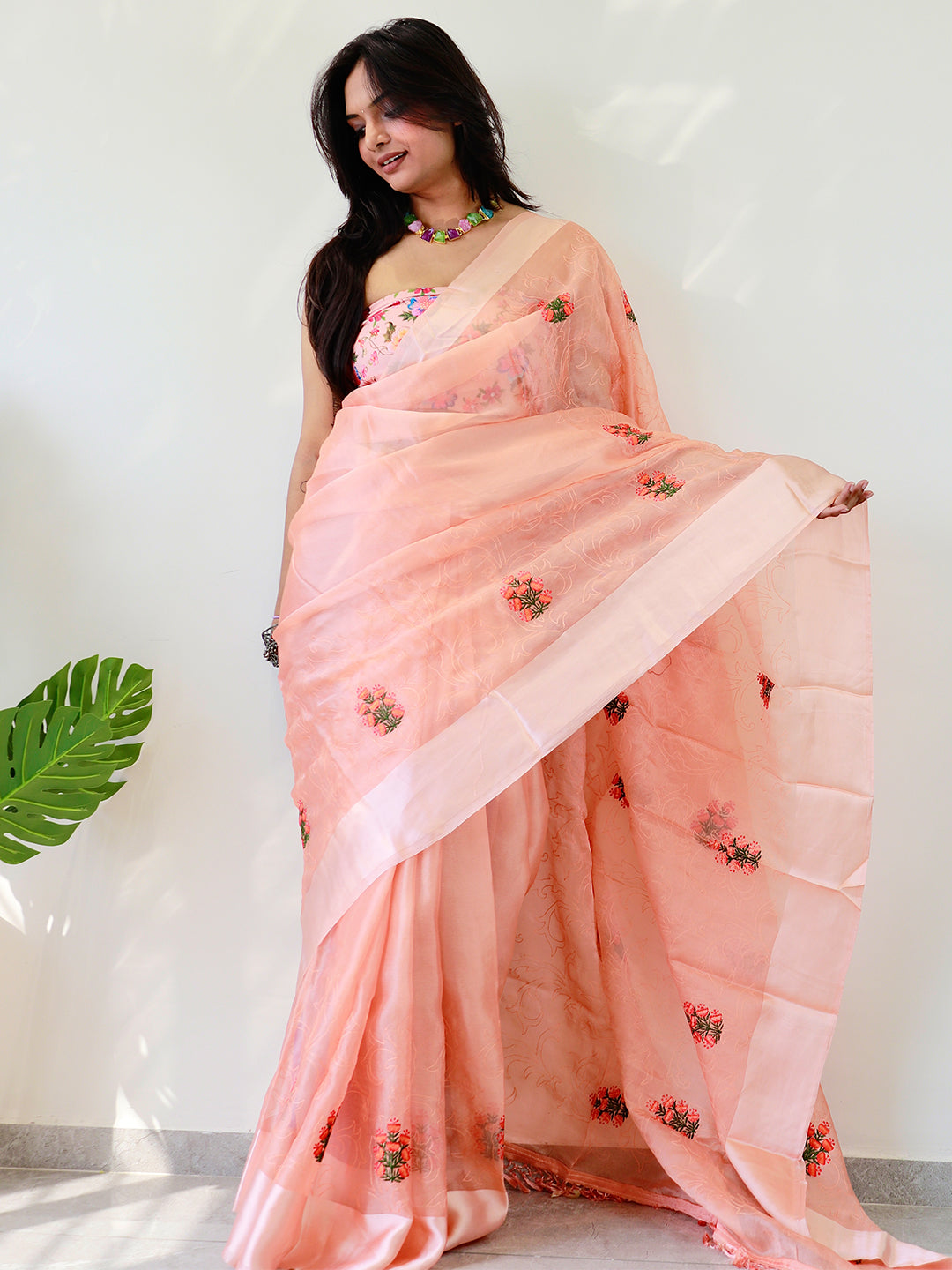  Stylish Soft Chiffon Satin Saree With Flower Embroidery