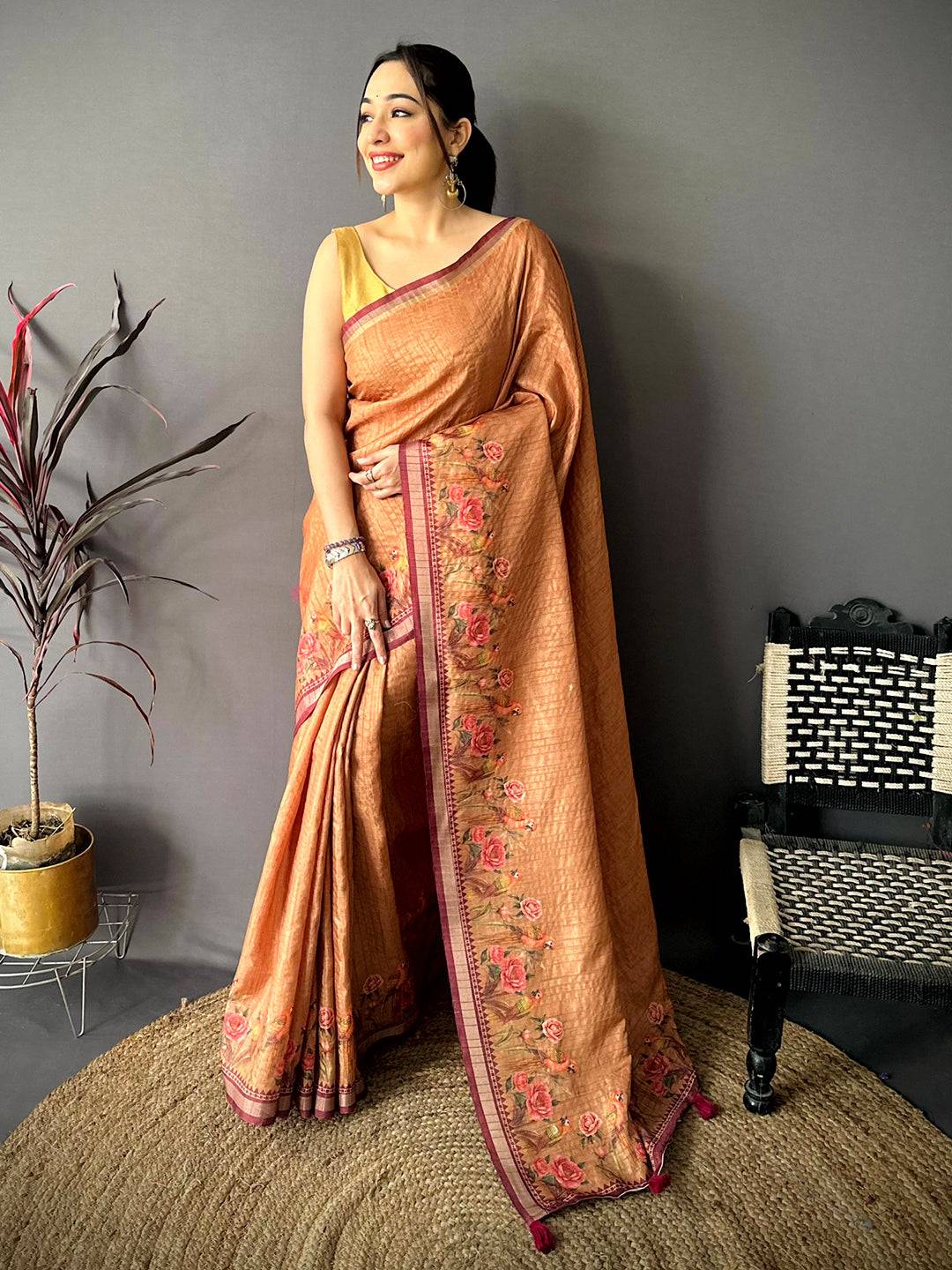 Dusty Yellow Ghicha Munga Saree


