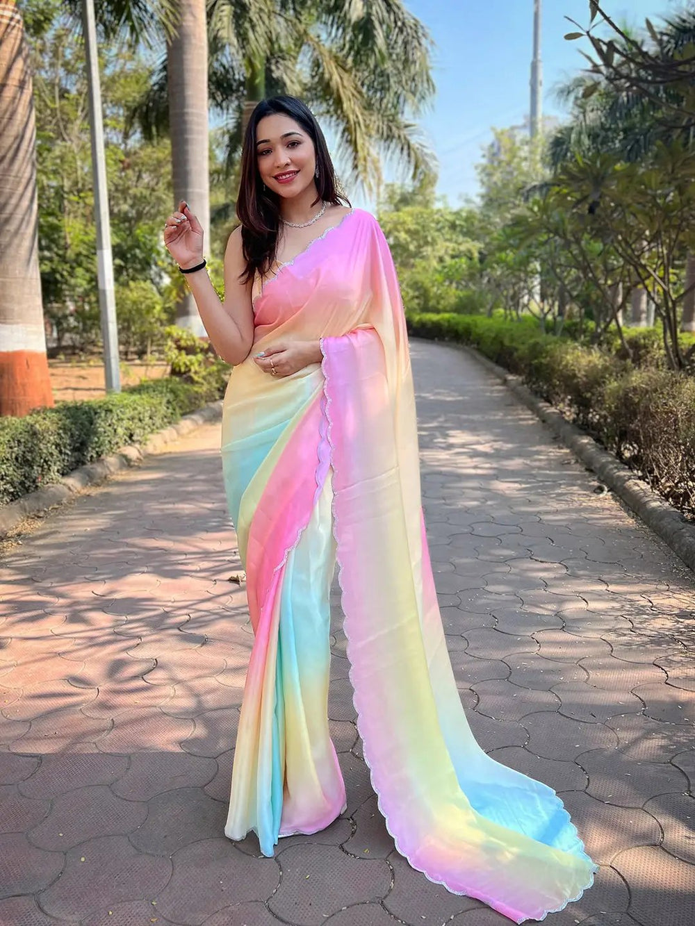  Multi Colour Ombre Print Satin Georgette Saree 