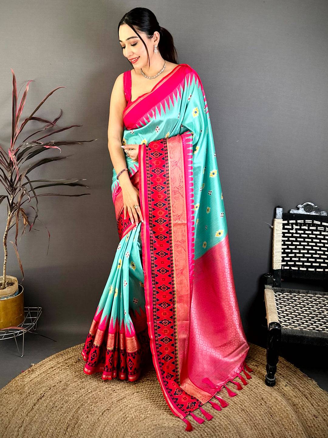 Aqua Contrast Satin Ikat Zari Silk Saree