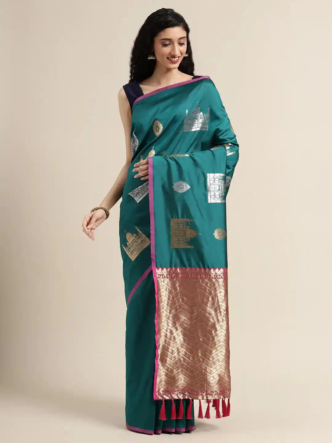 Trendy Rama Silk Blend Banarasi Saree