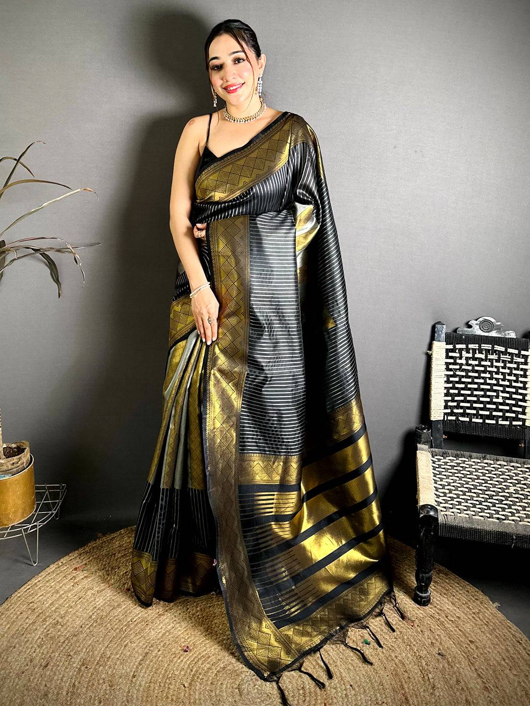 Banarasi Katan Silk Striped Zari Geometric Saree