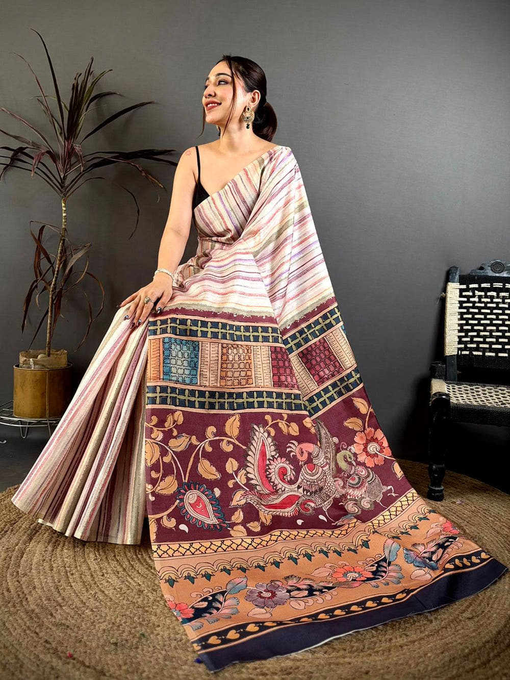 Designer Kalamkari Stripe Pattern Saree