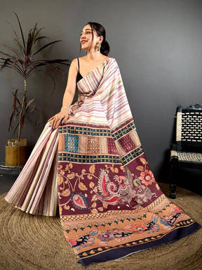 Designer Kalamkari Stripe Pattern Saree