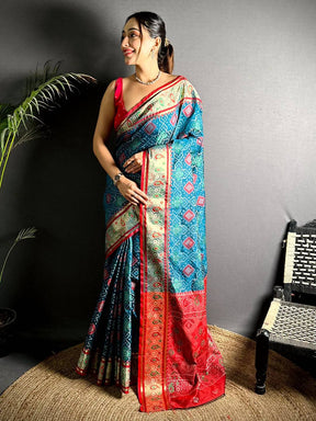 Denim Blue Soft Silk Saree With Patola Weaving

