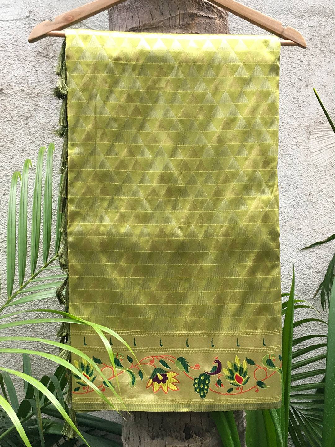 Pista silk blend Paithani saree with woven zari work