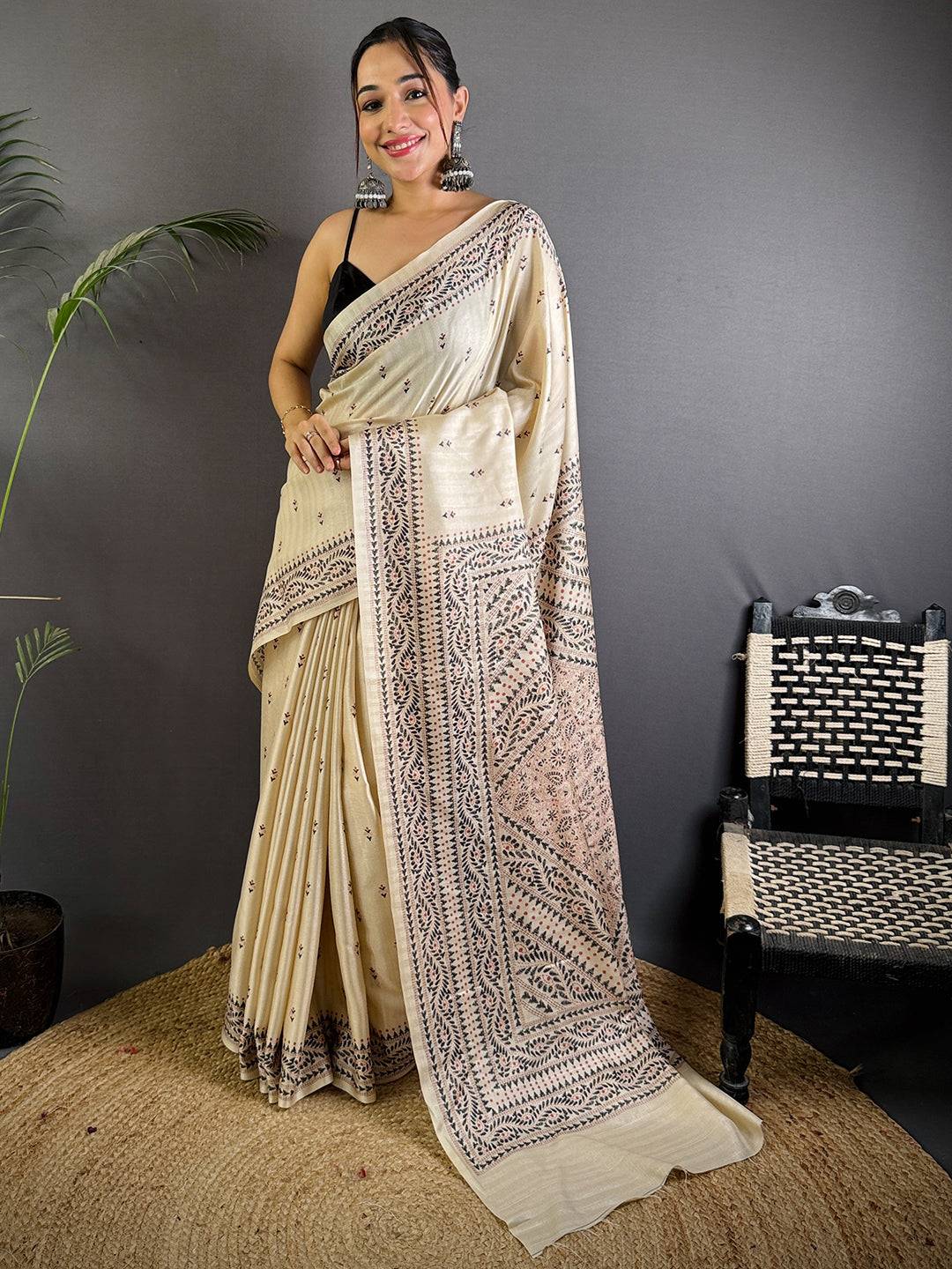 Cream Tussar Silk Madhubani Print Saree

