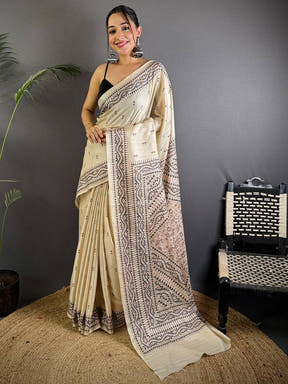 Cream Tussar Silk Madhubani Print Saree

