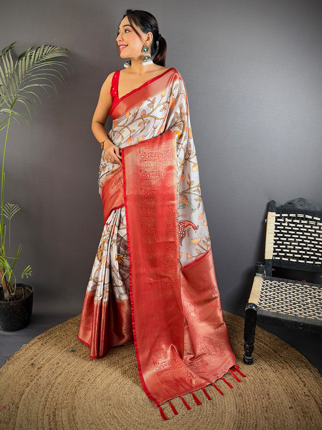 Radiant Cherry Satin Kalamkari Printed Saree