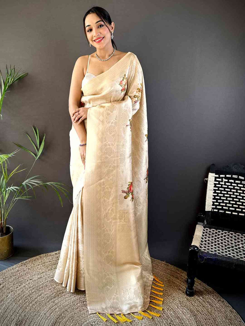 Cream Kanjivaram Digital Silk Saree