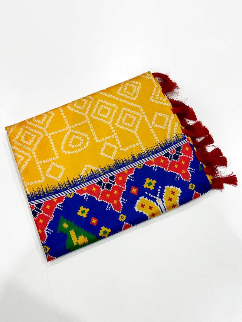 Yellow Bandhej Printed Banarasi Saree
