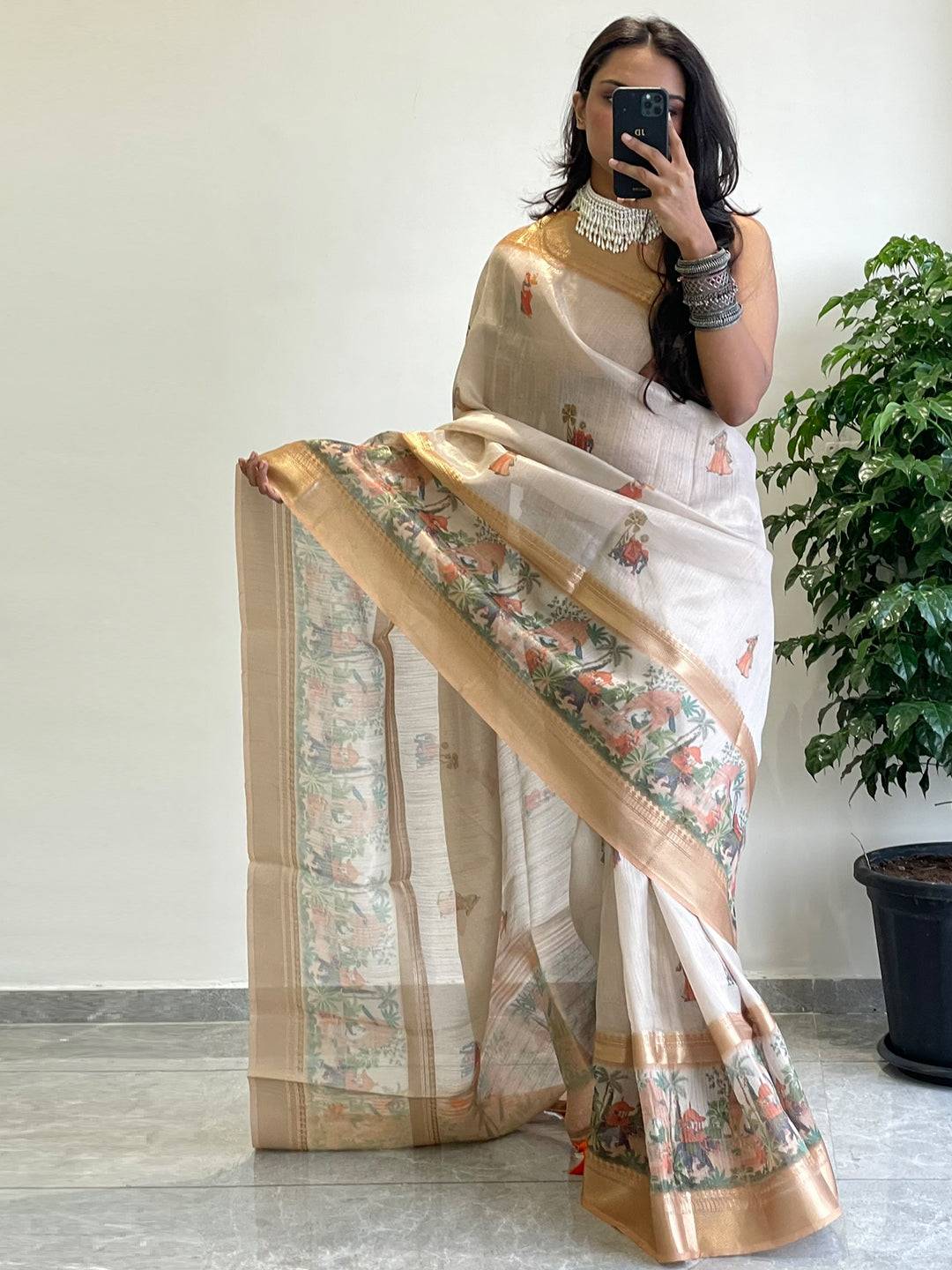 Soft gold zari tissue saree with digital print design Vastranand 