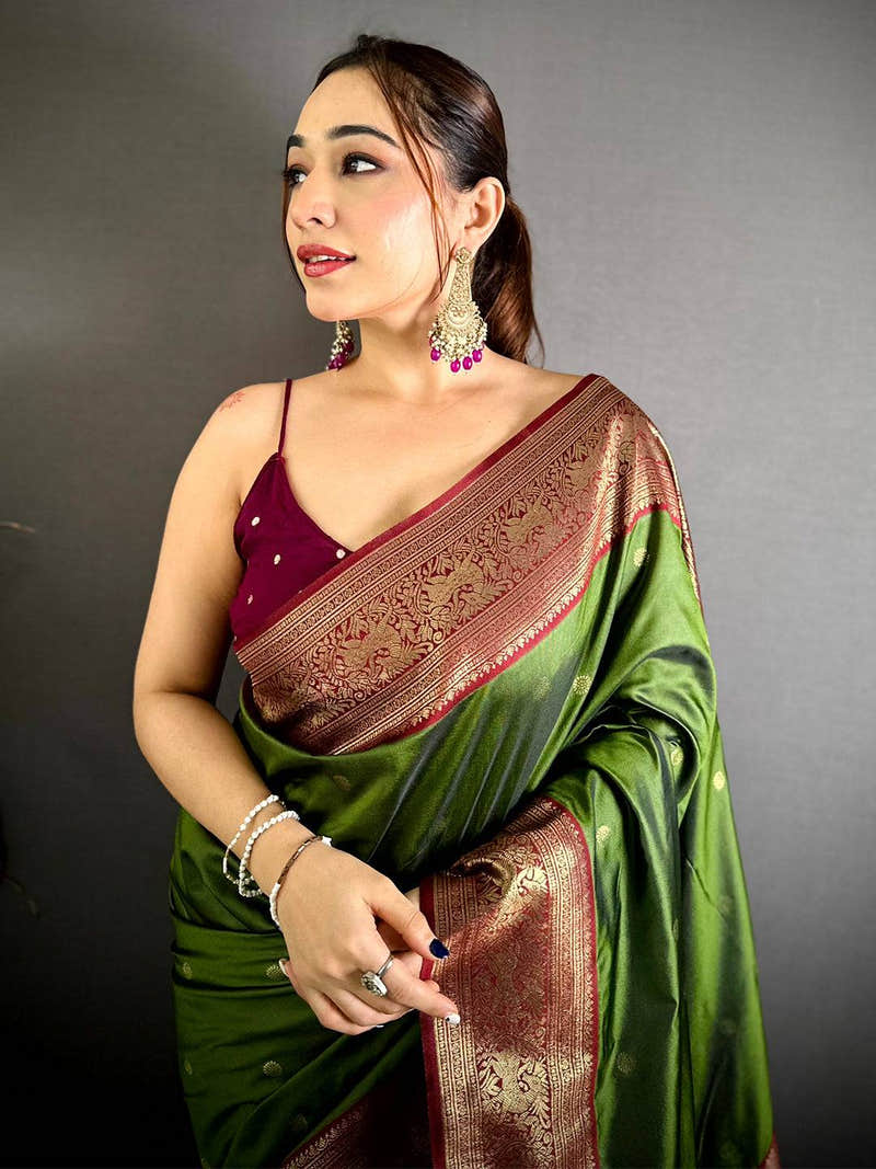 Olive Soft Silk Kanchi Zari Border Saree