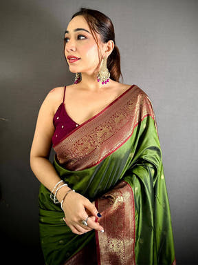 Olive Soft Silk Kanchi Zari Border Saree