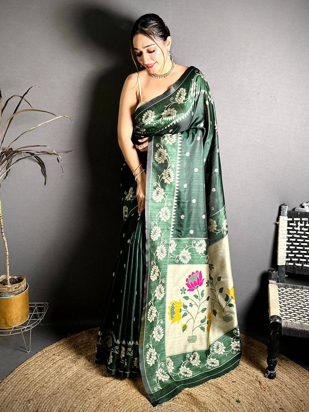Green Katan Silk Thread Work Saree