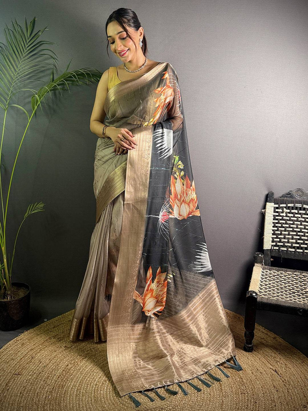 Black Soft Organza Silk Floral Saree